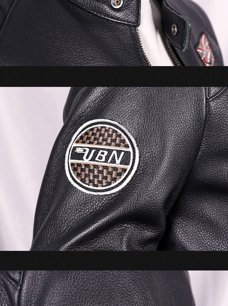 Black Autumn Leather Jacket Men Sports Style Plus Size 5XL Genuine Natural Cowhide Stand Collar Slim Fit Short Coat