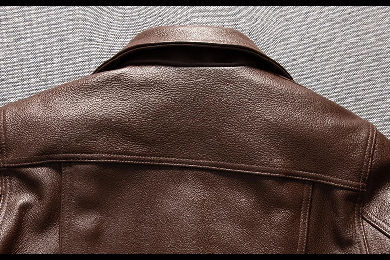Men's Brown Leather Jacket  Vintage Flight Jacket with Stand Collar, Military Style, Front Zipper, Sleeve Pocket, Ribbed Hem