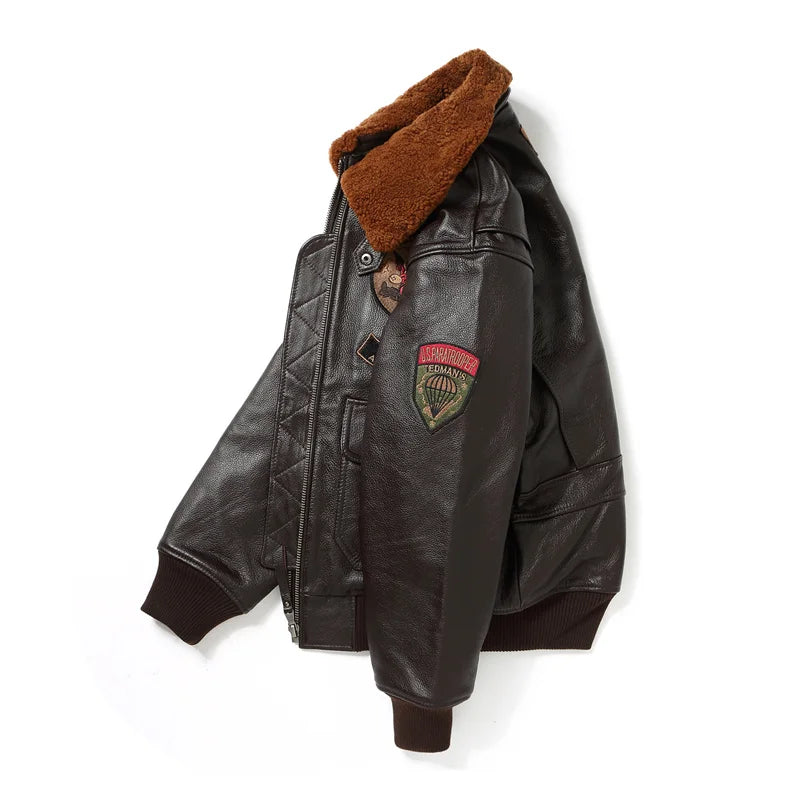 Dark Brown Winter Leather Jacket Men Retro Style Europe Size Genuine Natural Cowhide Turn-Down Collar Military G1 Flight Coat