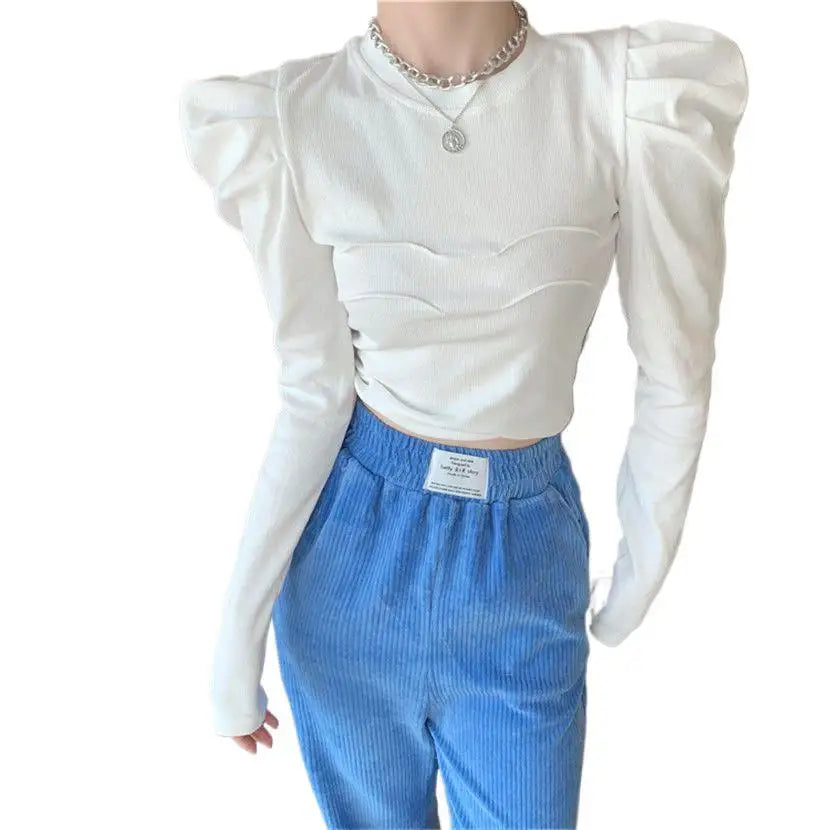 Slim Fit round Neck Long Sleeve Bubble Sleeve Top Women's Autumn Winter Short Base Layer Shirt Hong Kong Style Design Sense Top