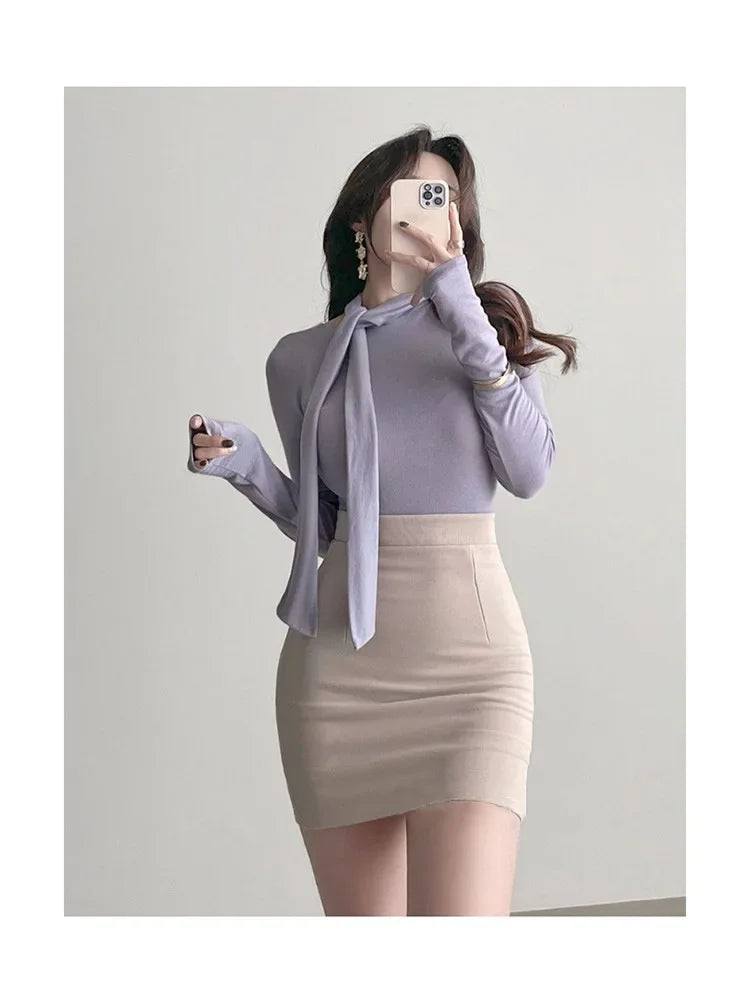 Korean Style Women's Long Sleeve T-Shirt Bow Design Halter Neck Slim Fit Comfortable Base Shirt Cotton Spring Summer Top