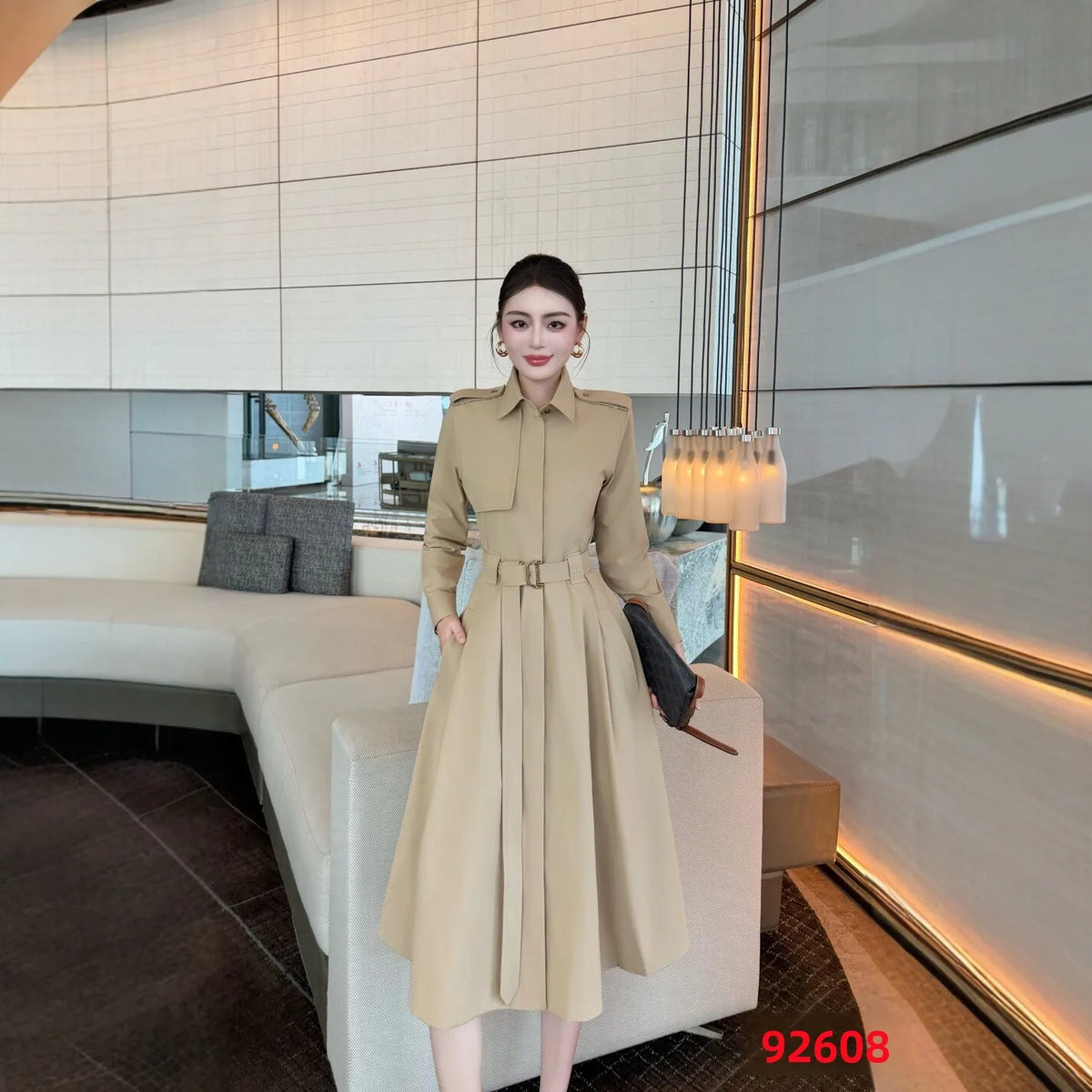 Blue Khaki Waist-Cinching Long Sleeve Midi Dress Women's New Style French Elegant Coat Dress Cotton Pure Color A-Line Skirt