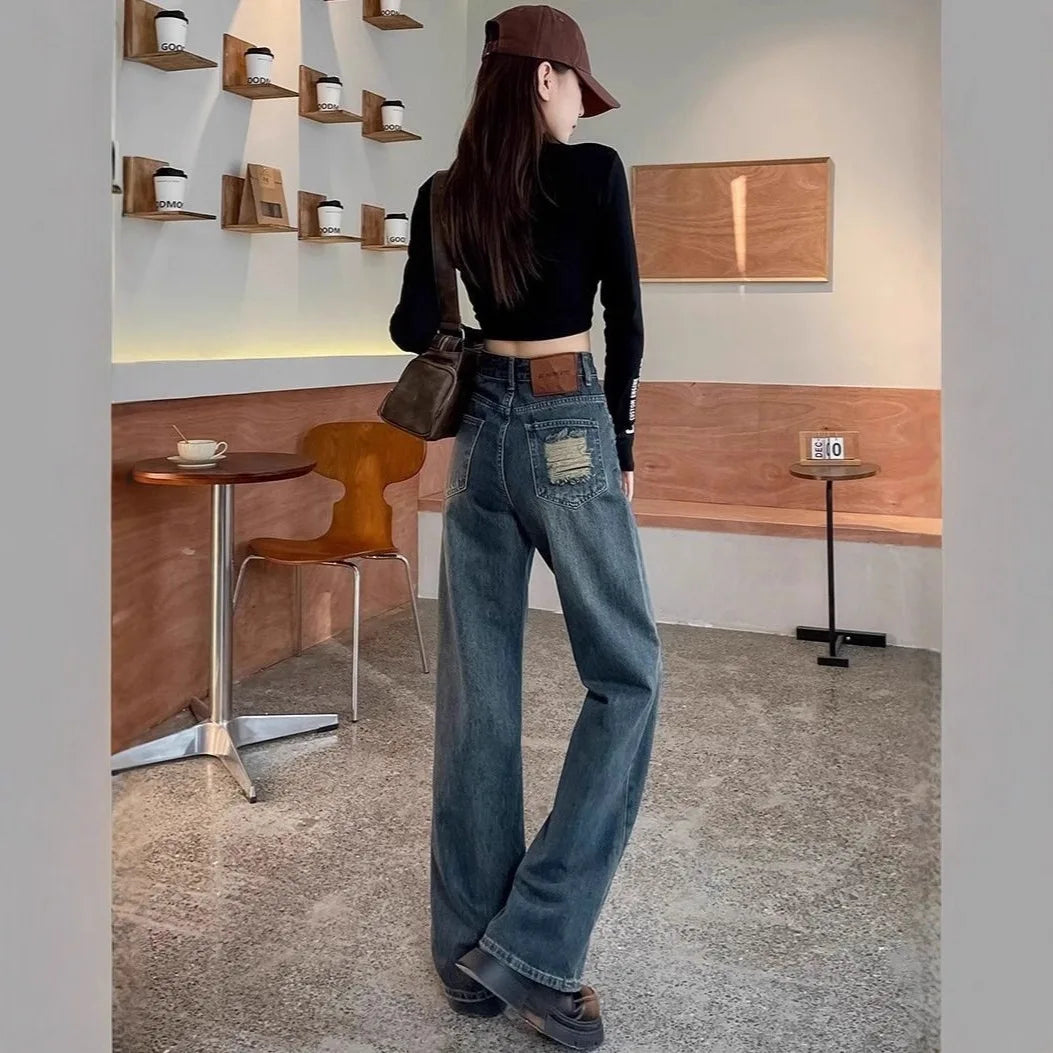 High Waist Wide Leg Jeans Light Blue Denim High Waist Tear Design American Style Spring Summer New Trend Streetwear