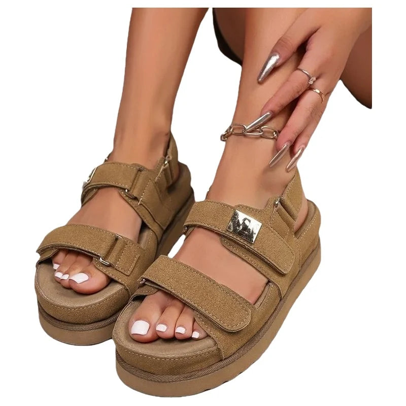 Thick Heel Magic Stick Large Size Beach Sandals Summer New Platform Born Women's Shoes Velcro Roman Style round Toe Retro Style
