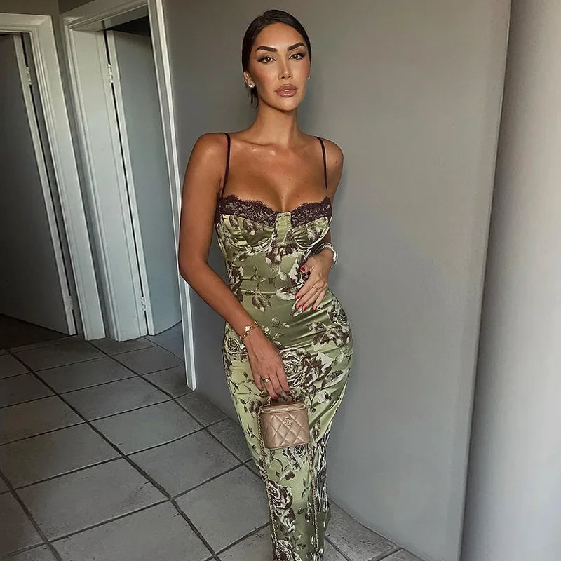 Lace Contrast Trim Floral Print Long Knitted Wrap Dress with Side Slits Sleeveless Women's Dress Casual Comfortable Nightgown