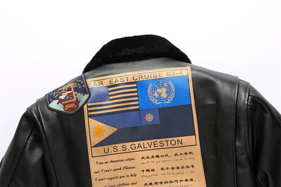 Black Winter Leather Jacket Men Retro Style Europe Size Genuine Natural Thick Cowhide Turn-Down Collar G1 Flight Coat