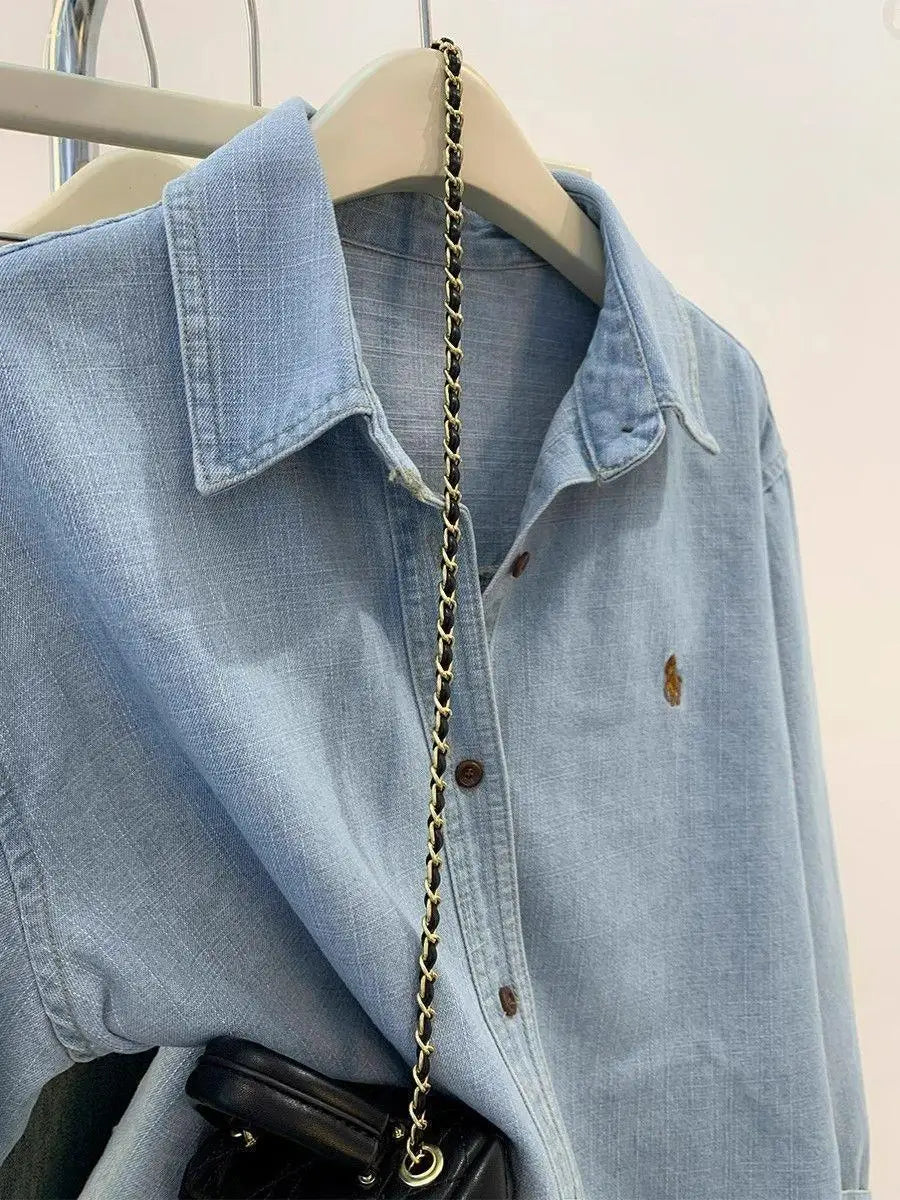 Retro Blue Shirt Women Early Spring Autumn Casual Long Sleeve Shoulder Bared Inner Wear Loose Outerwear Shirt Jacket