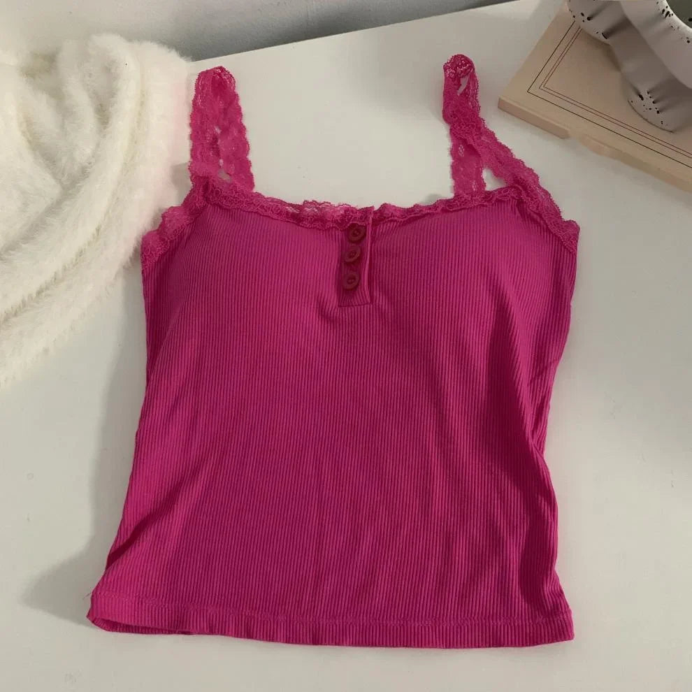 plus Size Lace Insert Camisole Tank Top with Chest Pad Inner Wear Outerwear Design Sense Bottoming Vest Big Size Women