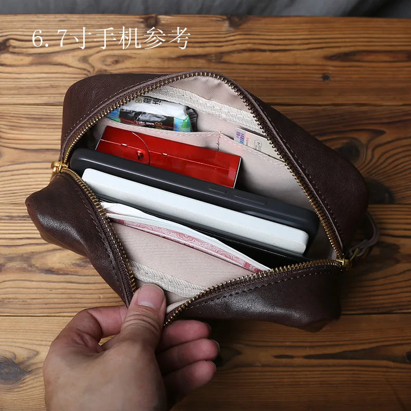 NZPJ Genuine Leather Men's Clutch Bag Top-Grade Cowhide Large-Capacity Wallet Casual Mobile Phone Pouch Card Bag