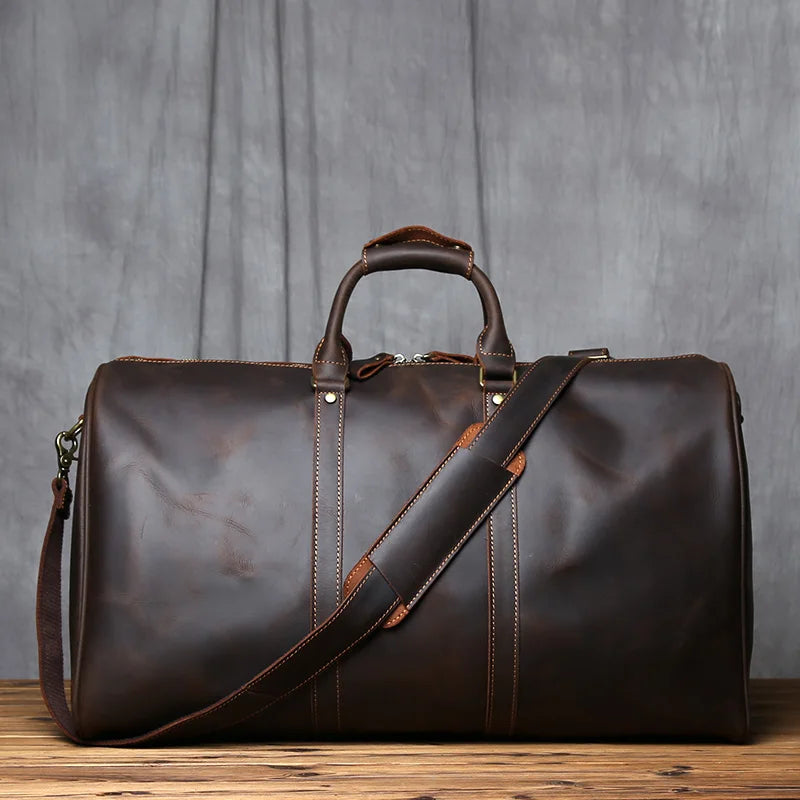 NZPJ Vintage Genuine Leather Men's Travel Bag Large Capacity Crazy Horse Leather Handbag Natural Cowhide Shoulder Crossbody Bag
