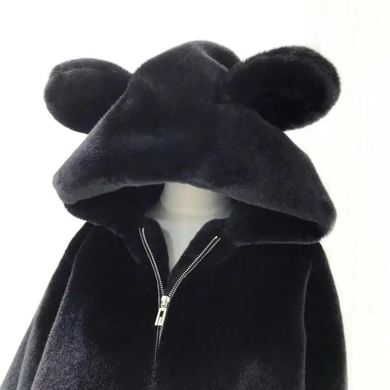 Autumn Winter Thickened Bear Ear Hooded Coat Women's Fashionable Fluffy Simulation Fur Jacket Cute Long-Line Casual Outfit