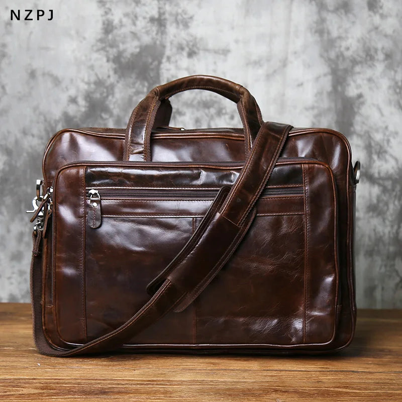 NZPJ Vintage Top Layer Cowhide Leather Men's Briefcase Large Capacity Handbag Business Casual Single Shoulder Slant Computer Bag