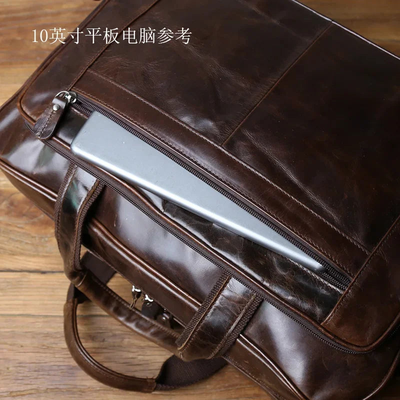 NZPJ Vintage Top Layer Cowhide Leather Men's Briefcase Large Capacity Handbag Business Casual Single Shoulder Slant Computer Bag