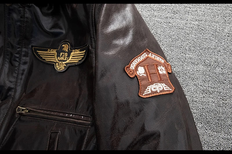 Men's Genuine Leather Military Flight Jacket | Real Leather Embroidered Patches G-1 Bomber Pilot High-Gloss Oil-Wax Brown