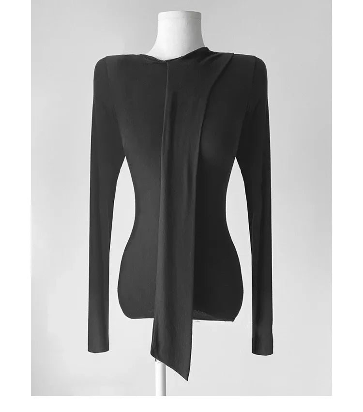 Korean Style Women's Long Sleeve T-Shirt Bow Design Halter Neck Slim Fit Comfortable Base Shirt Cotton Spring Summer Top