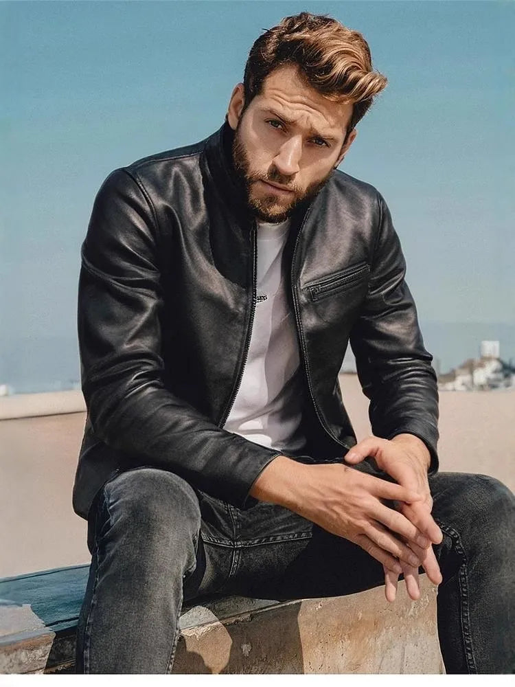 Black Winter Leather Jacket Men Sports Style Plus Size 4XL Genuine Natural Thick Cowhide Stand Collar Slim Fit Leather Coat