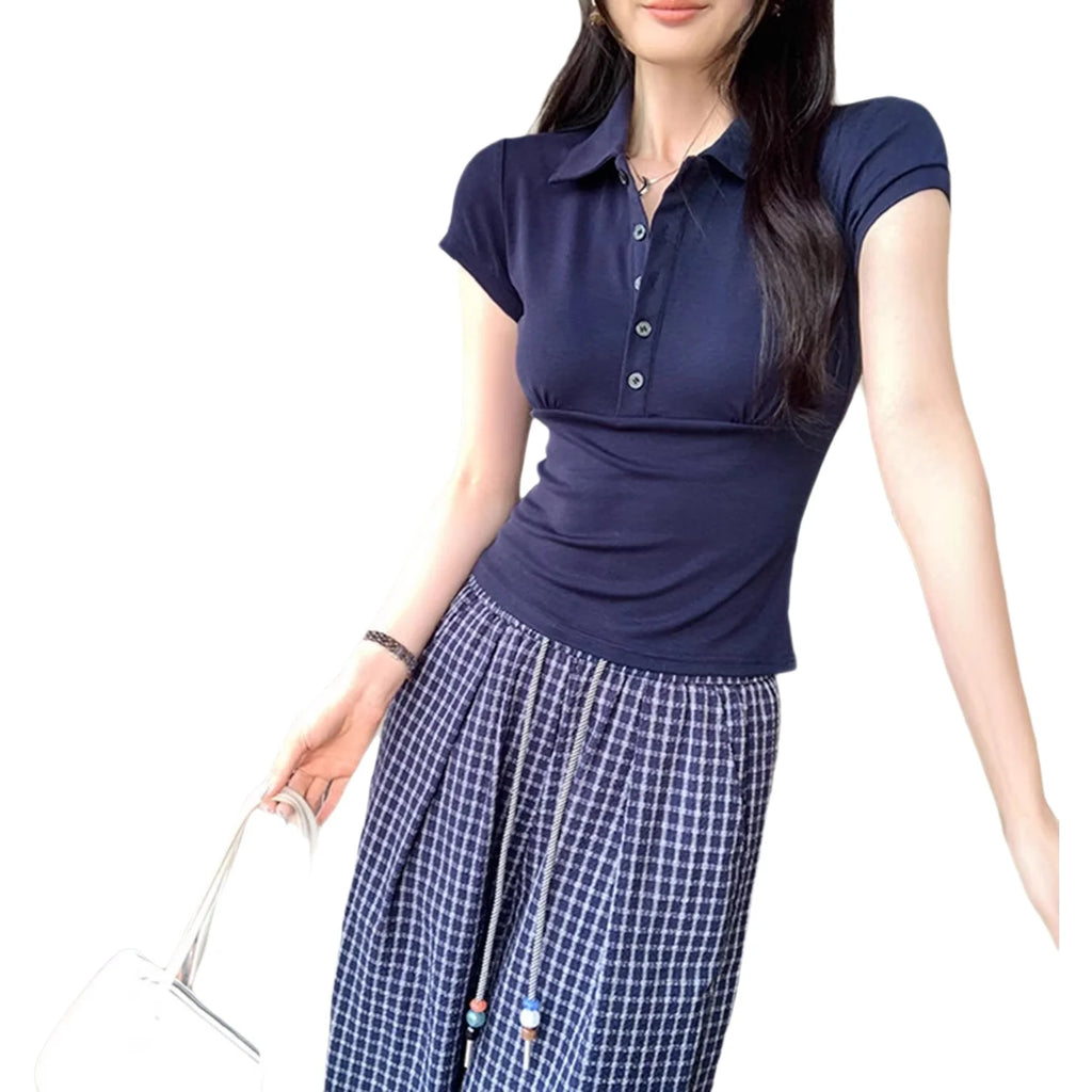 American Style Collared Short Sleeve T-Shirt Women Summer Slim Fit Flattering Short Length Fashionable Casual Commute Wear