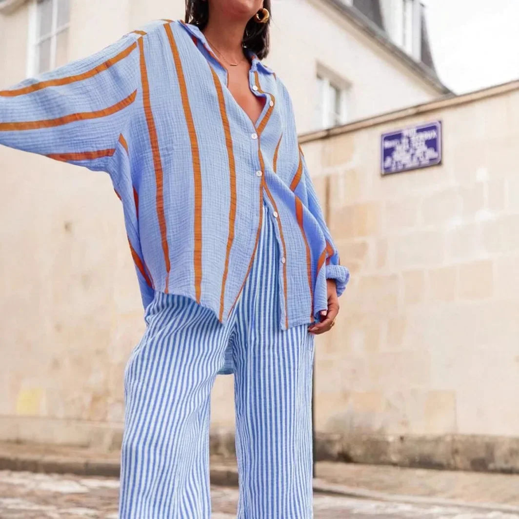 Women's Long Sleeve Button Cardigan Striped Shirt Slim Fit Polo Collar Full Length Autumn Winter New Style Cross Border Independ