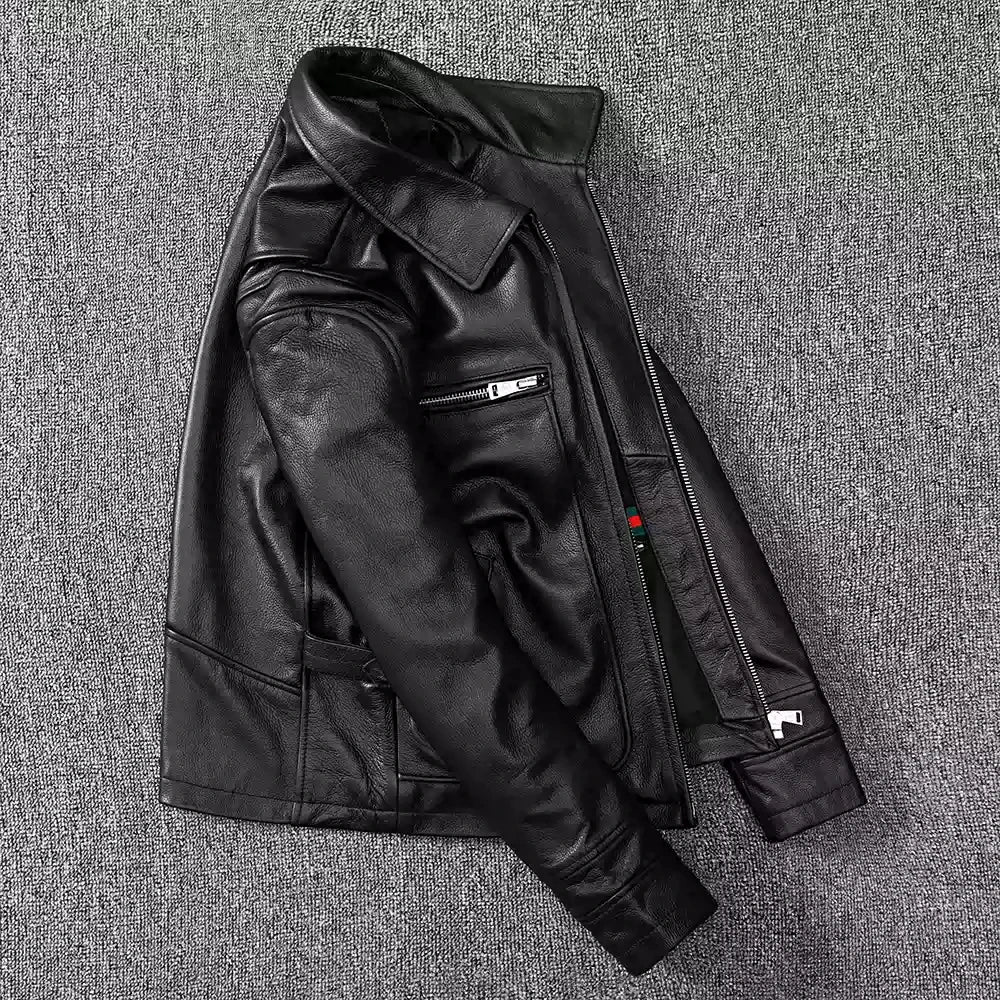 Black Autumn Leather Jacket Men Retro Style Plus Size 8XL Genuine Natural Cowhide Turn-Down Collar Smart Casual Coat