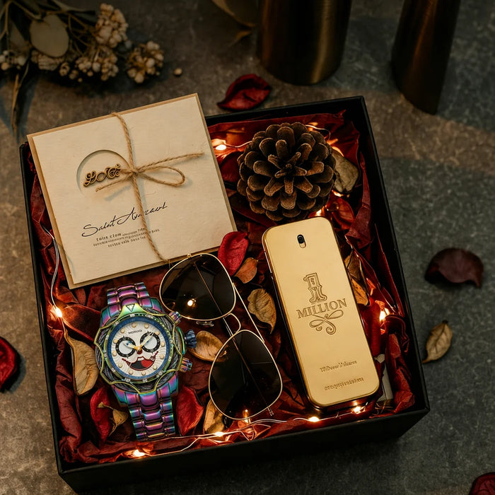 4pc Men's Iridescent Clown Face Metal Band Bold Crystal-studded Sunglasses Perfume Mechanical Watch Gift Box Set for Party