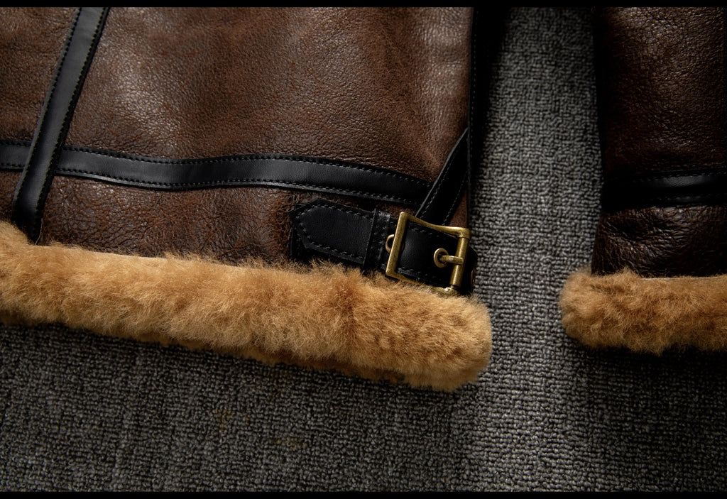 Brown Winter Shearling Jacket Men Retro Style Plus Size 5XL Genuine Natural Sheepskin Turn-Down Collar Thick Warm B3 Flight Coat
