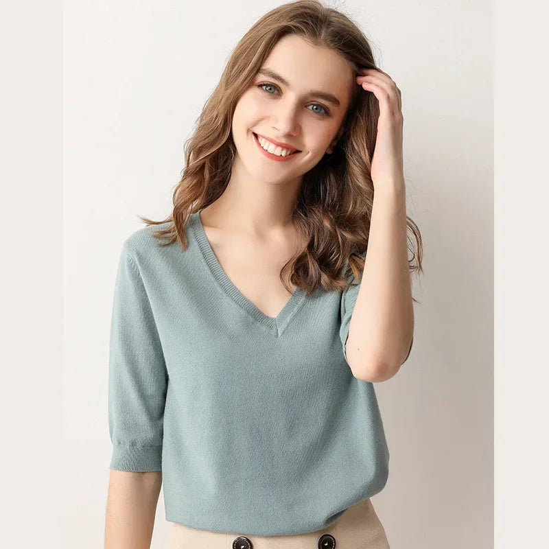 Spring Autumn New Style V-Neck Thin Knitted Loose Short Sleeve Women's T-Shirt Thin Summer Top Comfortable Base Layer Shirt