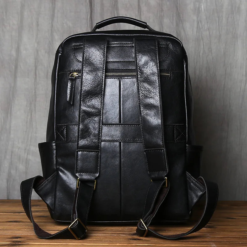 NZPJ Retro Genuine Leather Men's Backpack Fashion Backpack Top Layer Cowhide Computer Backpack Large Capacity Travel Bag
