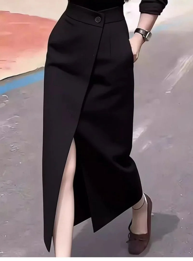 Black Asymmetric Suit Skirt Women's Spring Summer New High Waist Slimming Fashionable Midi Skirt New Arrival Casual Elegant
