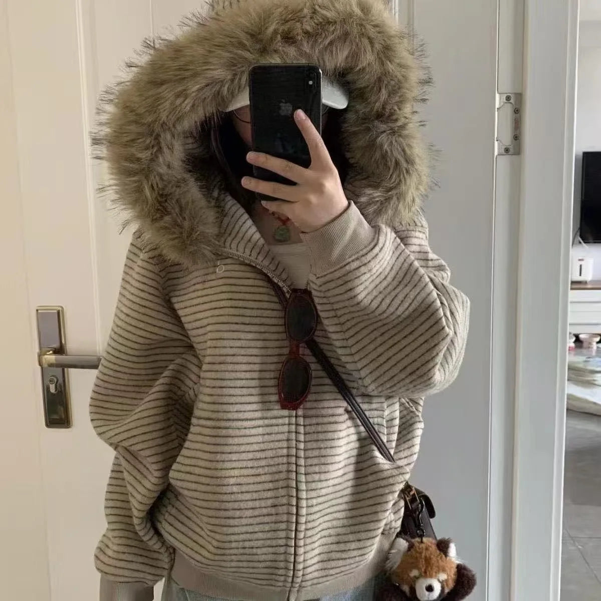 Retro American Striped Hoodie Jacket Women's Loose Fur Collar Outerwear Autumn Winter Zipper Open Cardigan Style Polyester