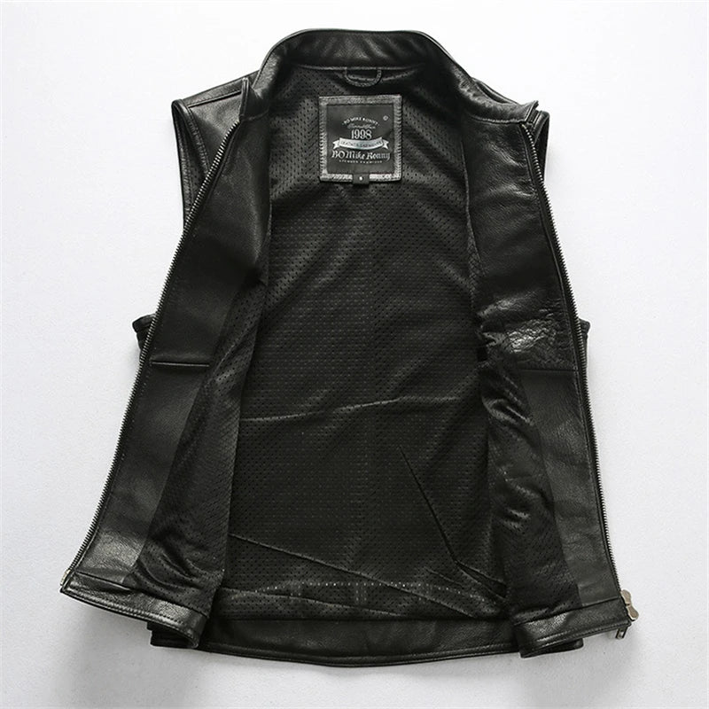 Red Brown Spring Leather Vest Men Retro Style Plus Size 4XL Genuine Natural Cowhide Stand Collar Motorcycle Sports Rivets Vest