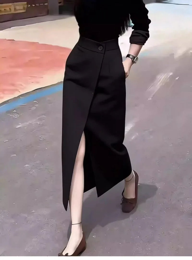 Black Asymmetric Suit Skirt Women's Spring Summer New High Waist Slimming Fashionable Midi Skirt New Arrival Casual Elegant