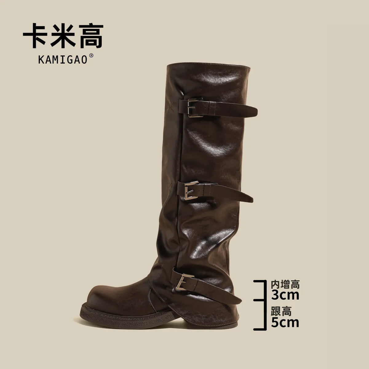 Women's Knight Long Boots 8cm Heightening Thick Bottom Belt Buckle High Tube Motorcycle Boots Autumn New Style Retro round Toe