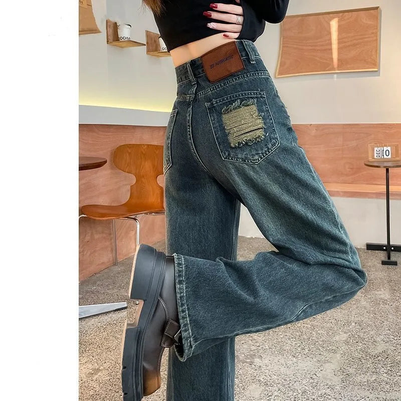 High Waist Wide Leg Jeans Light Blue Denim High Waist Tear Design American Style Spring Summer New Trend Streetwear