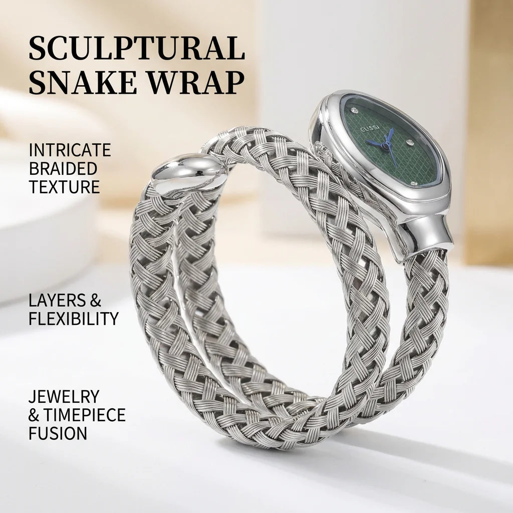 4pc Ladies Silver Woven Stainless Steel Elegant Rhinestone Green Dial Watch & Bracelet Gift Set for Daily Use, Gifting