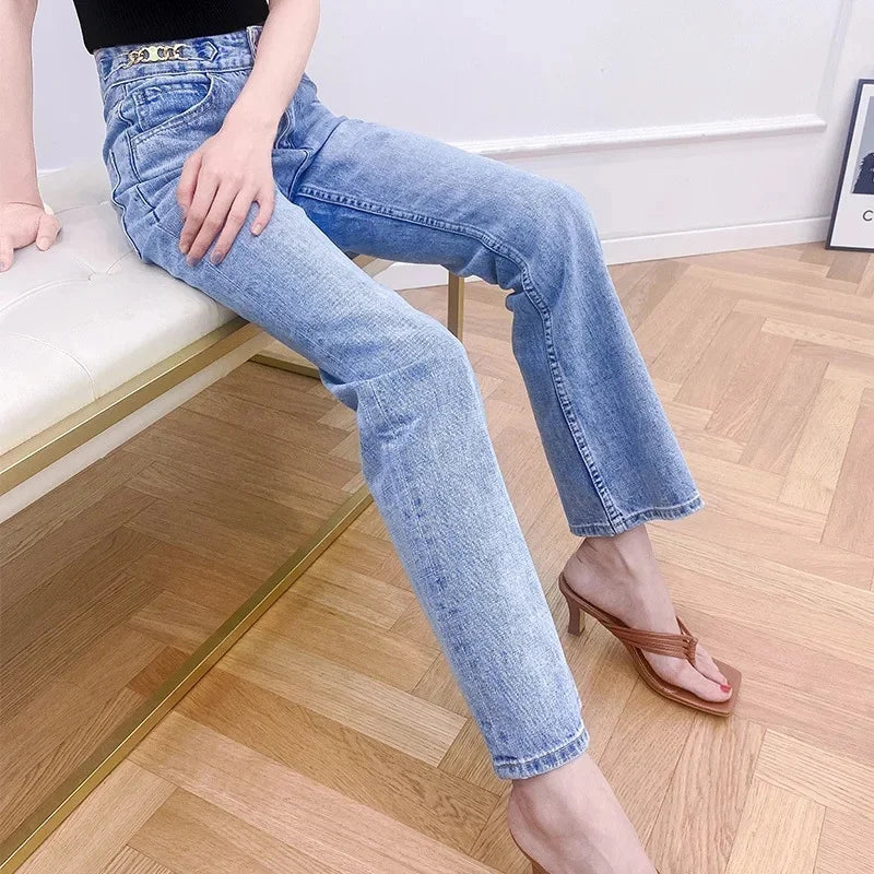 Elegant High-Waisted Slimming Jeans Trendy European And American Style Yellow Flower Cotton Chain Washing Denim Pants