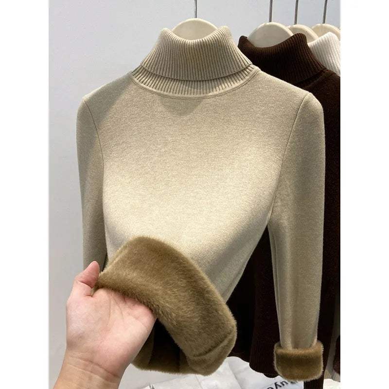 Thickened High Collar One-Piece Fleece Knitted Sweater Women Winter Slim Fit Inner Wear Fashionable Basic Style Base Shirt