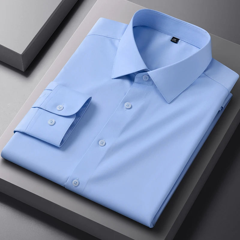 Bamboo Fiber Solid Color Long Sleeve Shirts for Men Slim Fit Formal Plain Shirt Work Anti-Wrinkle Tops Soft Office Clothes