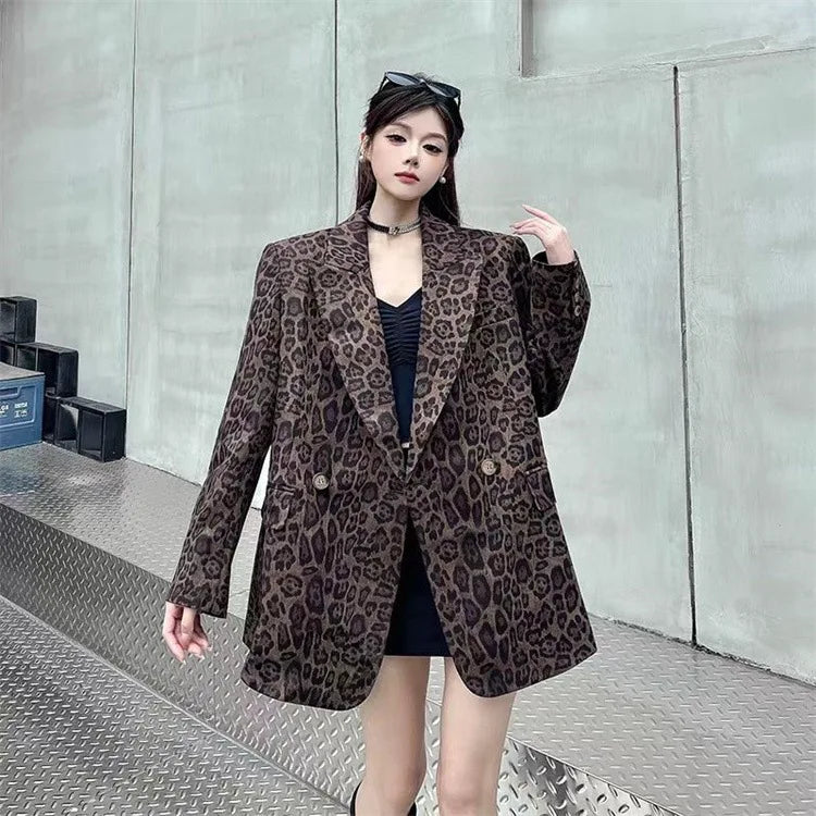 Ladies' Long Sleeve Leopard Print Suit Jacket Hepburn Style Casual Leisure Fashionable Mid-Length Coat Elegant Commute