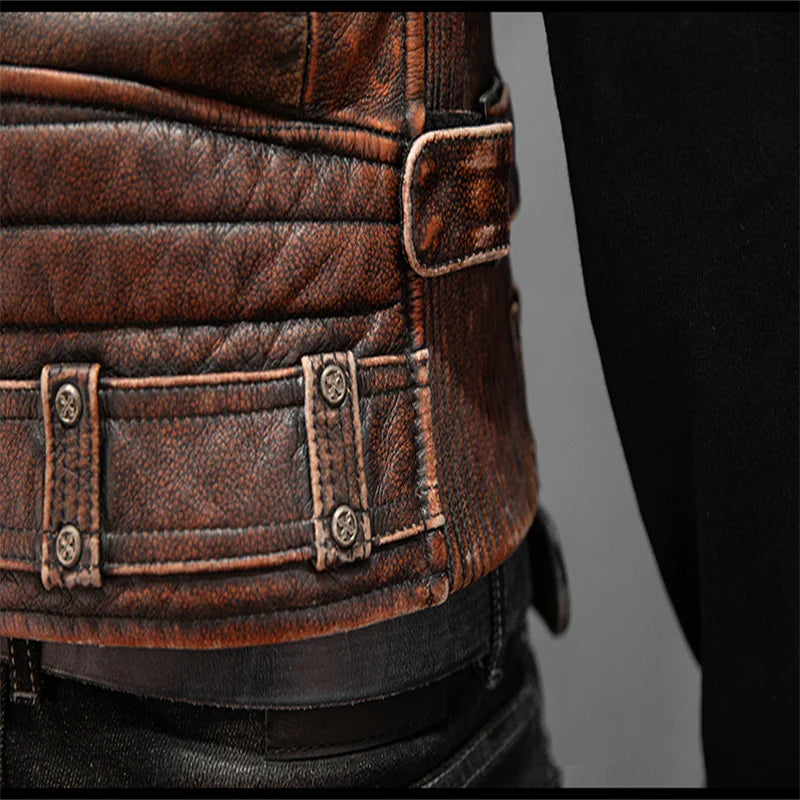Men Red Brown Leather Biker Vest Vintage Distressed Asymmetrical Zip Sleeveless Jacket Punk Rock Studded Multi-Pocket Waistcoat