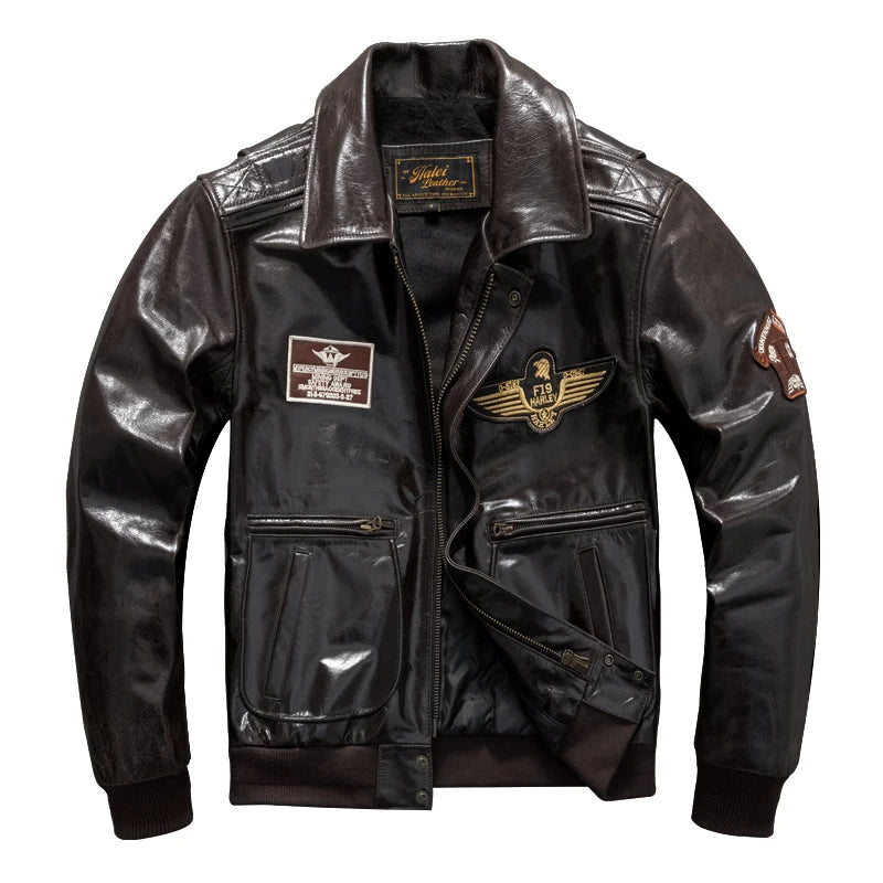 Men's Genuine Leather Military Flight Jacket | Real Leather Embroidered Patches G-1 Bomber Pilot High-Gloss Oil-Wax Brown