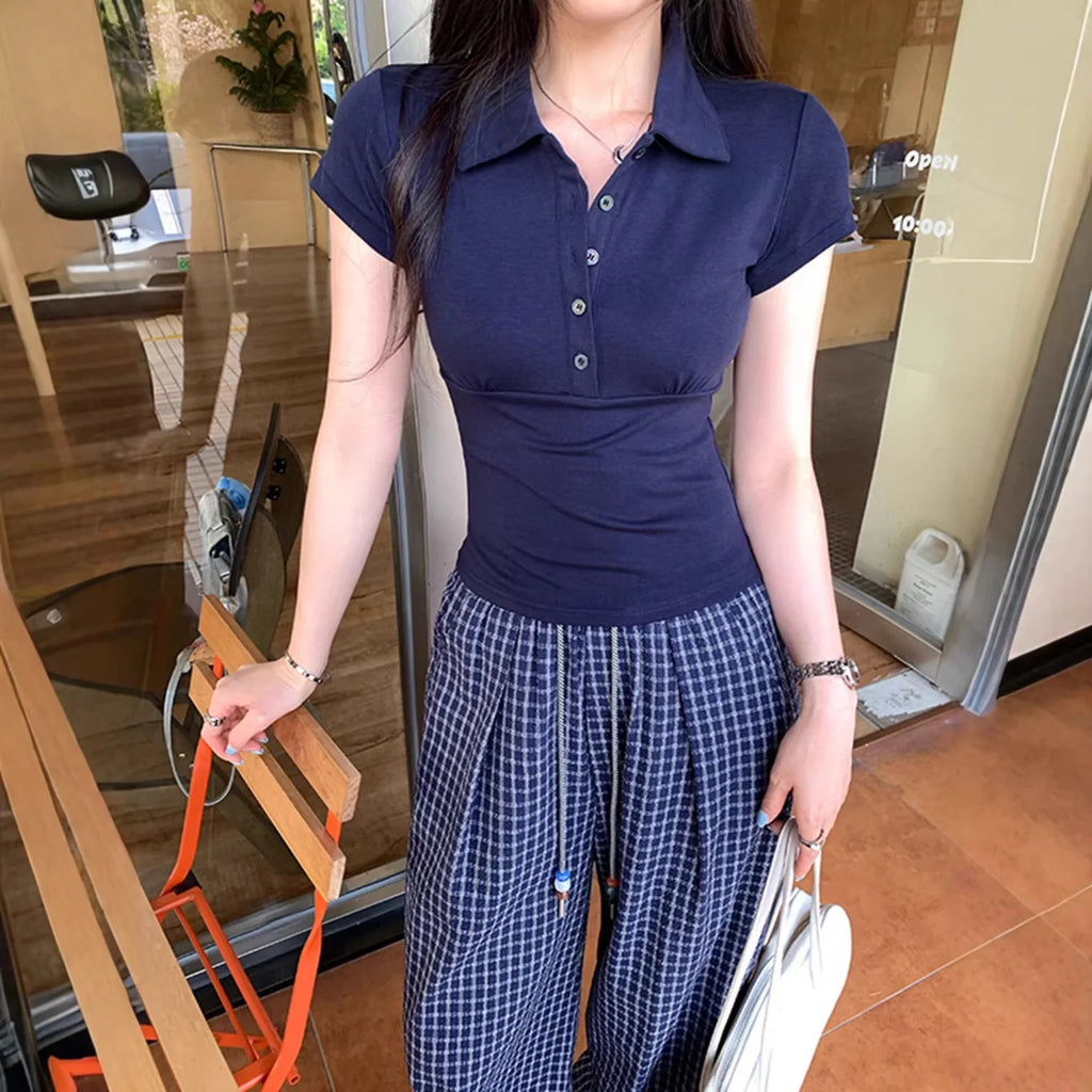 American Style Collared Short Sleeve T-Shirt Women Summer Slim Fit Flattering Short Length Fashionable Casual Commute Wear