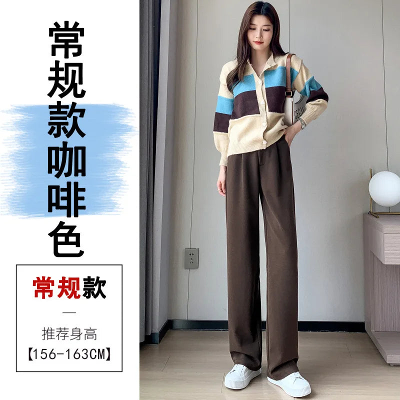 Thickened Fleece Lined Winter Wide Leg Pants High Waist Floor Length Straight Cut Casual Trousers for Women Woolen Suiting
