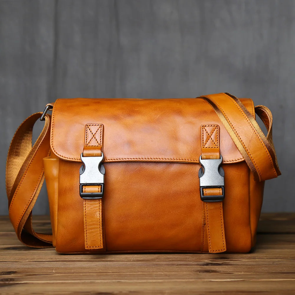 NZPJ Men's Vintage Genuine Leather Shoulder Bag Top Layer Cowhide Crossbody Bag Casual Men's Bag For 10-Inch IPad