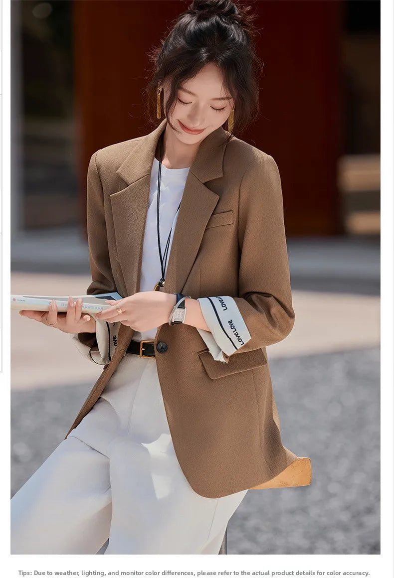 Café Brown Women's Casual Fashionable Suit Jacket Elegant Atmosphere Spring Autumn Season Polyester Spandex Commute Style