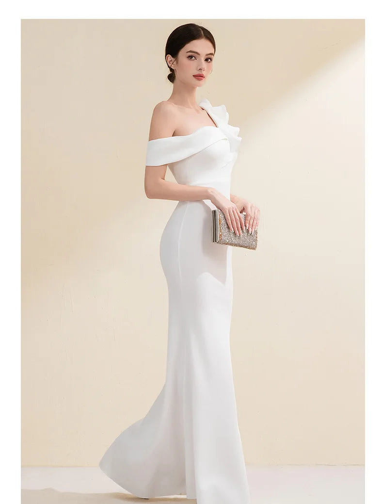 Elegant Evening Gown Slimming Fish Tail Dress Fashionable Shoulder Bared Polyester Long Sleeve High Waist Party Dress