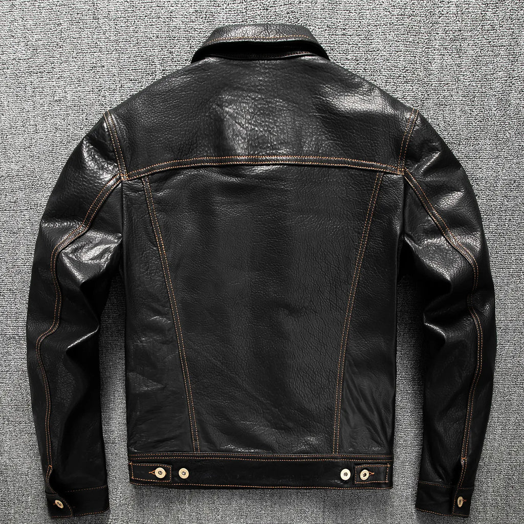Men's Genuine Sheepskin Leather Trucker Jacket Black Type III Denim Cut Cream Contrast Stitch Brass Snap Short Casual Coat