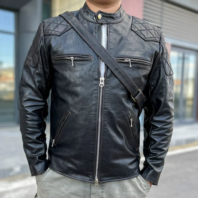 Black Winter Leather Jacket Men Vintage Style Plus Size 5XL Genuine Natural Cowhide Stand Collar Slim Fit Leather Coat