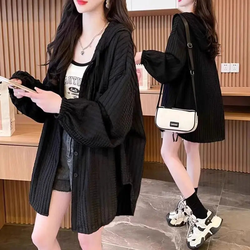 plus Size 300 Pounds Fat Hooded Thin Jacket Spring Autumn New Korean Loose Versatile Casual Outerwear Open Cardigan Top