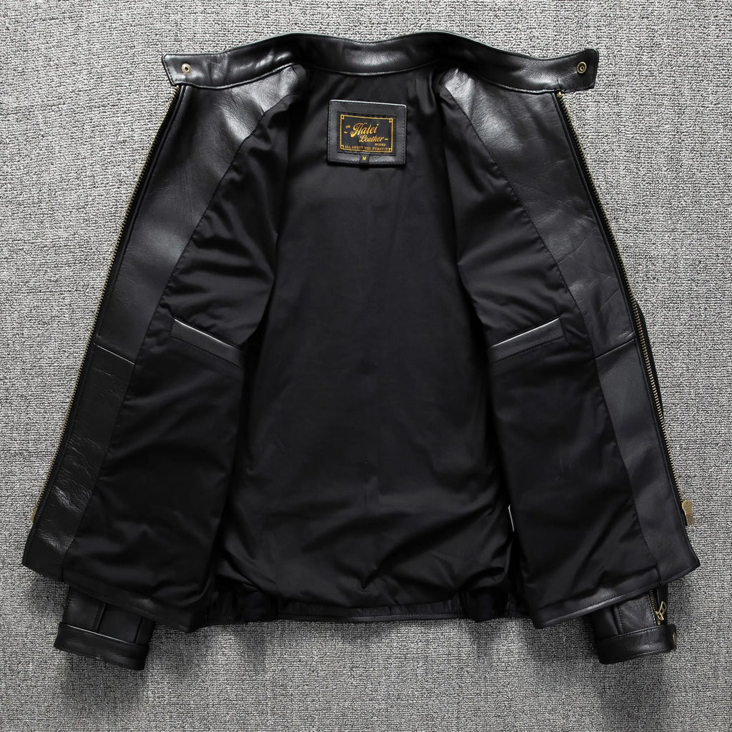 Black Autumn Leather Jacket Men Retro Style Plus Size 6XL Genuine Natural Cowhide Stand Collar J100 Motorcycle Sports Coat