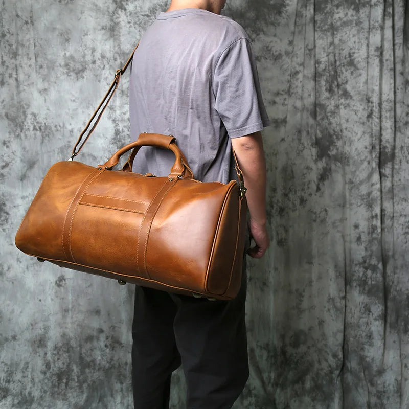 NZPJ Retro Genuine Leather Travel Bag Crazy Horse Leather Men's Handbag Top Layer Cowhide Crossbody Bag Wearable Trolley Luggage